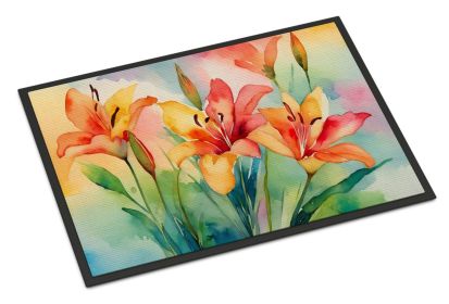 Lilies in Watercolor Doormat Front Door Mat Indoor Outdoor Rugs for Entryway, Non Slip Washable Low Pile, 24H X 36W