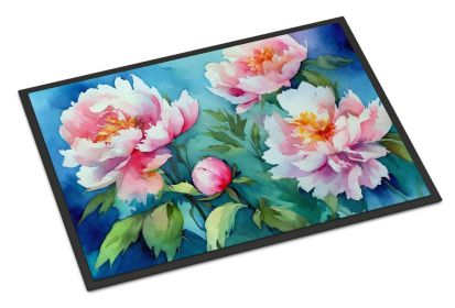 Peonies in Watercolor Doormat Front Door Mat Indoor Outdoor Rugs for Entryway, Non Slip Washable Low Pile, 24H X 36W