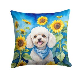 White Poodle in Sunflowers Throw Pillow Machine Washable, Indoor Outdoor Decorative Pillow for Couch, Bed or Patio, 14Hx14W