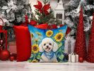 White Poodle in Sunflowers Throw Pillow Machine Washable, Indoor Outdoor Decorative Pillow for Couch, Bed or Patio, 14Hx14W