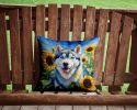 Siberian Husky in Sunflowers Throw Pillow Machine Washable, Indoor Outdoor Decorative Pillow for Couch, Bed or Patio, 14Hx14W