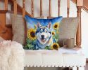 Siberian Husky in Sunflowers Throw Pillow Machine Washable, Indoor Outdoor Decorative Pillow for Couch, Bed or Patio, 14Hx14W
