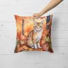 Oregon Rex Cat in Fall Leaves Throw Pillow Machine Washable, Indoor Outdoor Decorative Pillow for Couch, Bed or Patio, 18Hx18W
