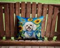 White Poodle in Sunflowers Throw Pillow Machine Washable, Indoor Outdoor Decorative Pillow for Couch, Bed or Patio, 14Hx14W