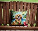 Golden Retriever Luau Throw Pillow Machine Washable, Indoor Outdoor Decorative Pillow for Couch, Bed or Patio, 14Hx14W