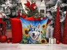 Siberian Husky in Sunflowers Throw Pillow Machine Washable, Indoor Outdoor Decorative Pillow for Couch, Bed or Patio, 14Hx14W