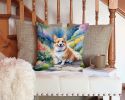 Corgi Spring Path Throw Pillow Machine Washable, Indoor Outdoor Decorative Pillow for Couch, Bed or Patio, 14Hx14W