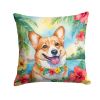 Corgi Luau Throw Pillow Machine Washable, Indoor Outdoor Decorative Pillow for Couch, Bed or Patio, 14Hx14W