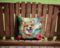 Corgi Luau Throw Pillow Machine Washable, Indoor Outdoor Decorative Pillow for Couch, Bed or Patio, 14Hx14W