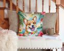 Corgi Luau Throw Pillow Machine Washable, Indoor Outdoor Decorative Pillow for Couch, Bed or Patio, 14Hx14W